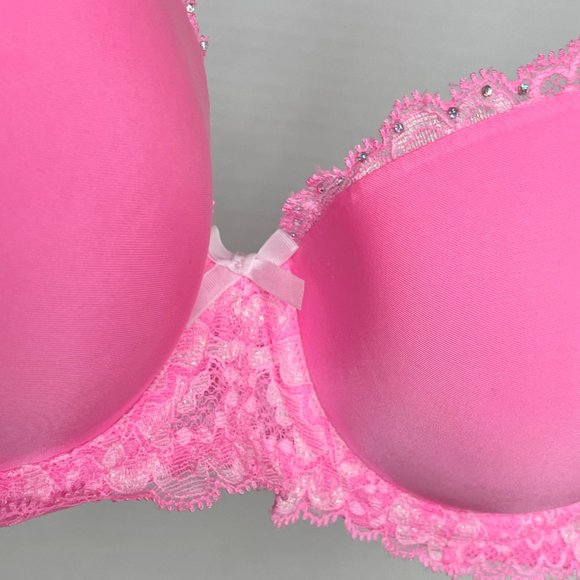 Victoria's Secret Retro Dream Angels Demi Bra 34C Shimmer Lace Neon Coral Pink - Picture 3 of 12